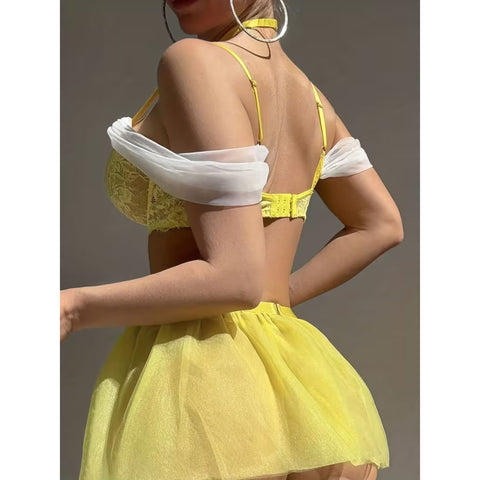 A Romantic Lingerie Set Featuring a One-Shoulder Design with Sexy Lace And Mesh Patchwork, Complete with a Puffy Skirt