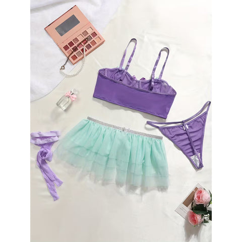 4pcs glamorous princess lingerie set - lavender and mint green, bow and faux pearl embellishment, translucent bra with thong and tulle skirt, perfect for fairy tale cosplay and Halloween, Boudoir Outfit, Fantasy Costume, Elegant Design, Luxurious