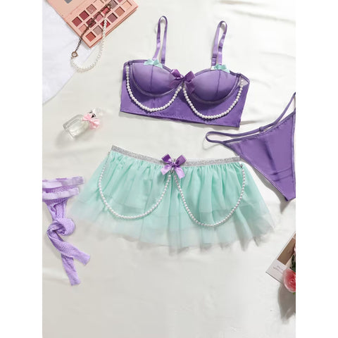 4pcs glamorous princess lingerie set - lavender and mint green, bow and faux pearl embellishment, translucent bra with thong and tulle skirt, perfect for fairy tale cosplay and Halloween, Boudoir Outfit, Fantasy Costume, Elegant Design, Luxurious