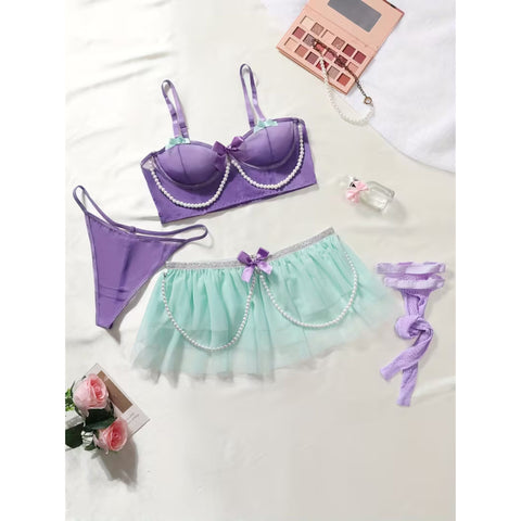 4pcs glamorous princess lingerie set - lavender and mint green, bow and faux pearl embellishment, translucent bra with thong and tulle skirt, perfect for fairy tale cosplay and Halloween, Boudoir Outfit, Fantasy Costume, Elegant Design, Luxurious