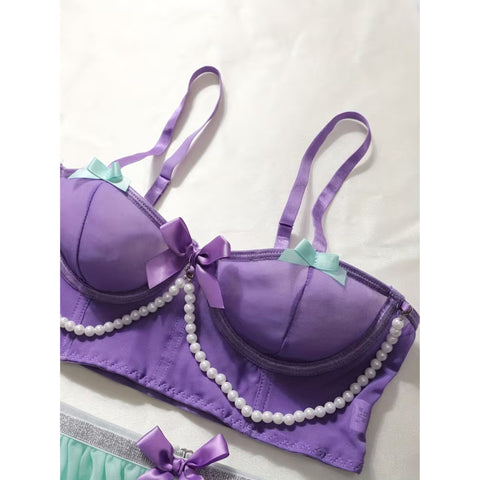 4pcs glamorous princess lingerie set - lavender and mint green, bow and faux pearl embellishment, translucent bra with thong and tulle skirt, perfect for fairy tale cosplay and Halloween, Boudoir Outfit, Fantasy Costume, Elegant Design, Luxurious