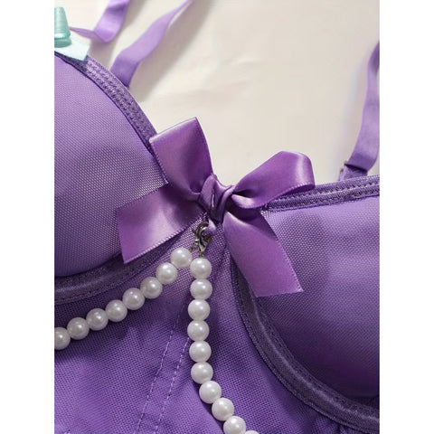 4pcs glamorous princess lingerie set - lavender and mint green, bow and faux pearl embellishment, translucent bra with thong and tulle skirt, perfect for fairy tale cosplay and Halloween, Boudoir Outfit, Fantasy Costume, Elegant Design, Luxurious