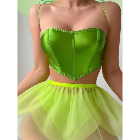 Sexy Lingerie Set for Halloween, Christmas & Holiday Gift - Green Butterfly Wings 4pcs Lingerie Set. Open Back Spaghetti Strap Bra Top + Sheer Mesh Skirt Bottoms + Fairy Roleplay Accents
