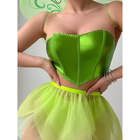 Sexy Lingerie Set for Halloween, Christmas & Holiday Gift - Green Butterfly Wings 4pcs Lingerie Set. Open Back Spaghetti Strap Bra Top + Sheer Mesh Skirt Bottoms + Fairy Roleplay Accents