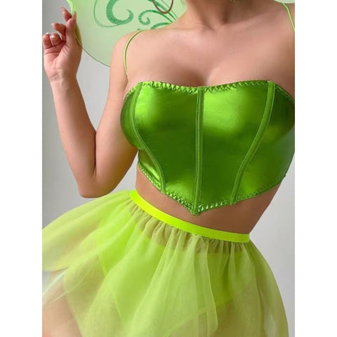 Sexy Lingerie Set for Halloween, Christmas & Holiday Gift - Green Butterfly Wings 4pcs Lingerie Set. Open Back Spaghetti Strap Bra Top + Sheer Mesh Skirt Bottoms + Fairy Roleplay Accents