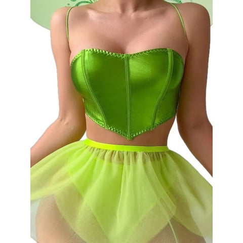 Sexy Lingerie Set for Halloween, Christmas & Holiday Gift - Green Butterfly Wings 4pcs Lingerie Set. Open Back Spaghetti Strap Bra Top + Sheer Mesh Skirt Bottoms + Fairy Roleplay Accents
