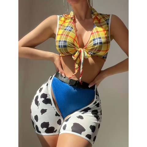 Sexy Women'S Plaid Cow Print Sleeveless Top with Leg Bands Three-Piece Set