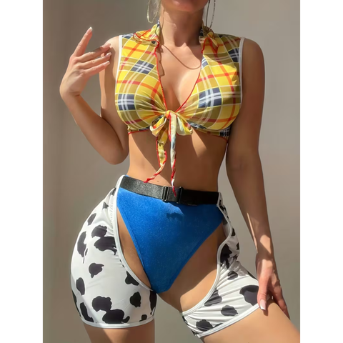 Sexy Women'S Plaid Cow Print Sleeveless Top with Leg Bands Three-Piece Set