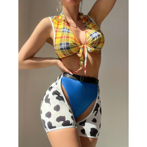 Sexy Women'S Plaid Cow Print Sleeveless Top with Leg Bands Three-Piece Set