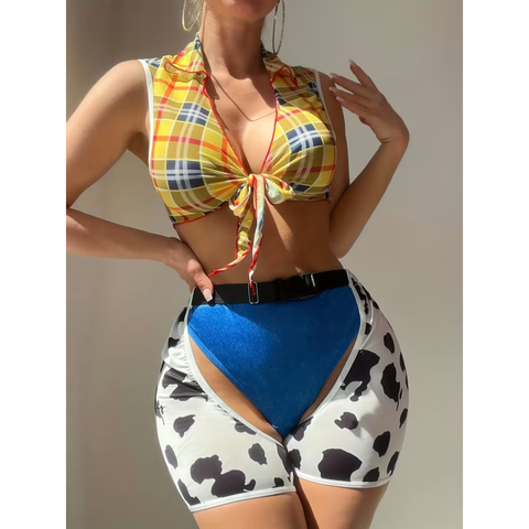 Sexy Women'S Plaid Cow Print Sleeveless Top with Leg Bands Three-Piece Set