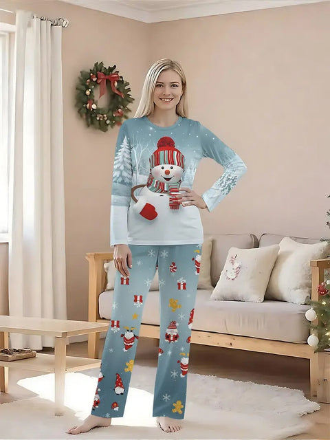 Santa Hat & Snowman Print Long Sleeve Pajamas