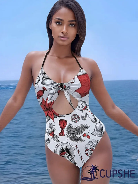 Women’s Hollow Christmas One-Piece Swimsuit