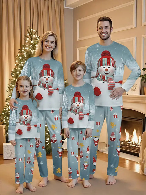 Santa Hat & Snowman Print Long Sleeve Pajamas