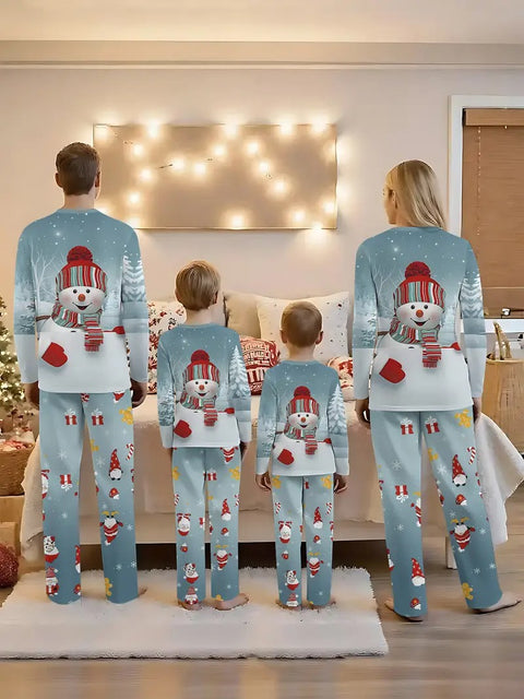 Santa Hat & Snowman Print Long Sleeve Pajamas