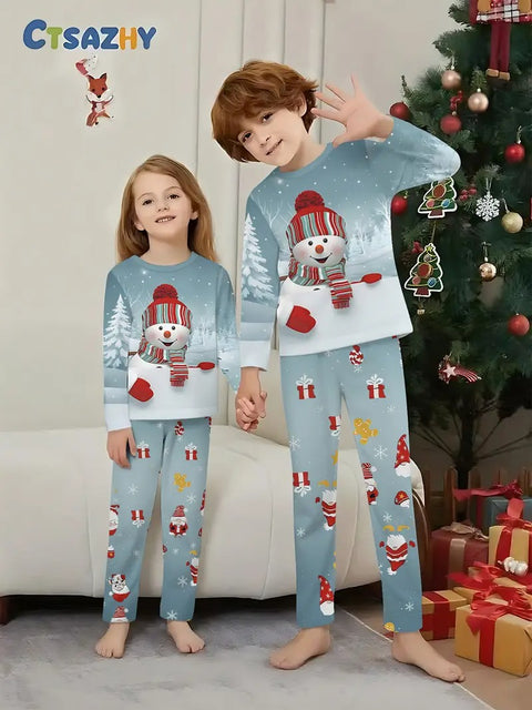 Santa Hat & Snowman Print Long Sleeve Pajamas
