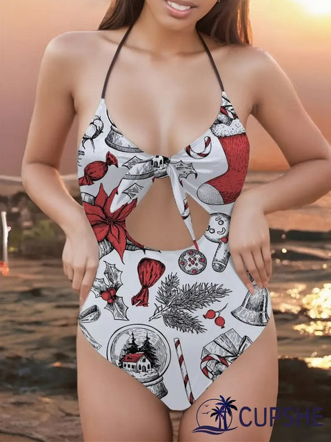 Women’s Hollow Christmas One-Piece Swimsuit