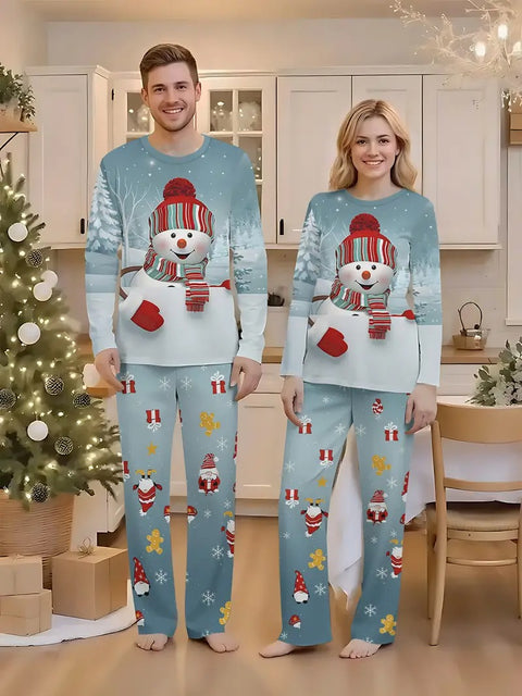 Santa Hat & Snowman Print Long Sleeve Pajamas