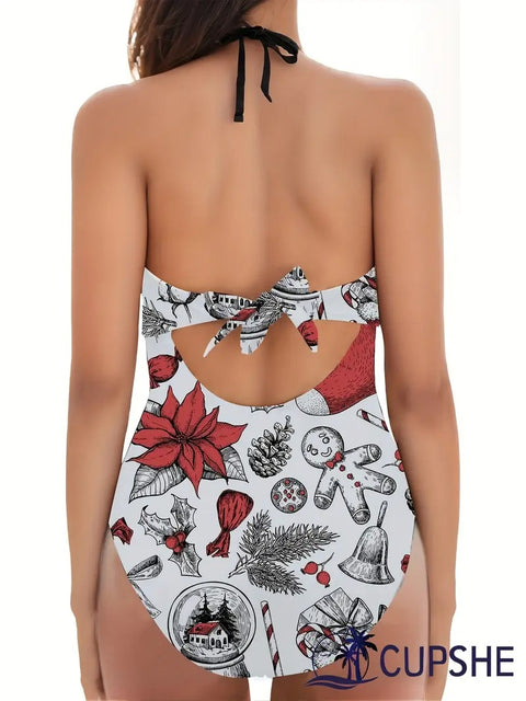 Women’s Hollow Christmas One-Piece Swimsuit