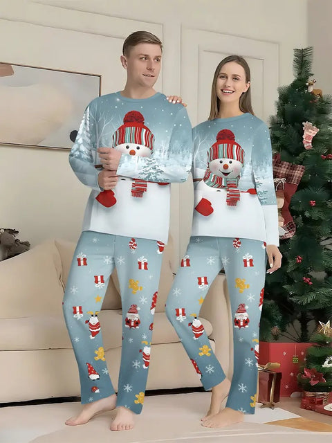 Santa Hat & Snowman Print Long Sleeve Pajamas