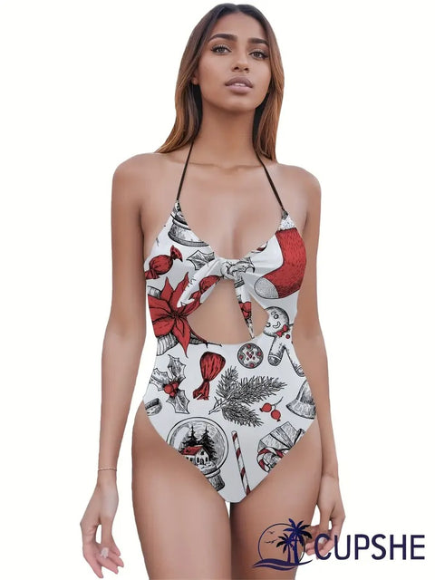Women’s Hollow Christmas One-Piece Swimsuit