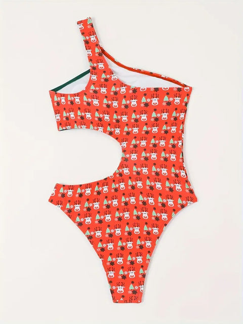 Women’s Single-Shoulder Christmas One-Piece Swimsuit
